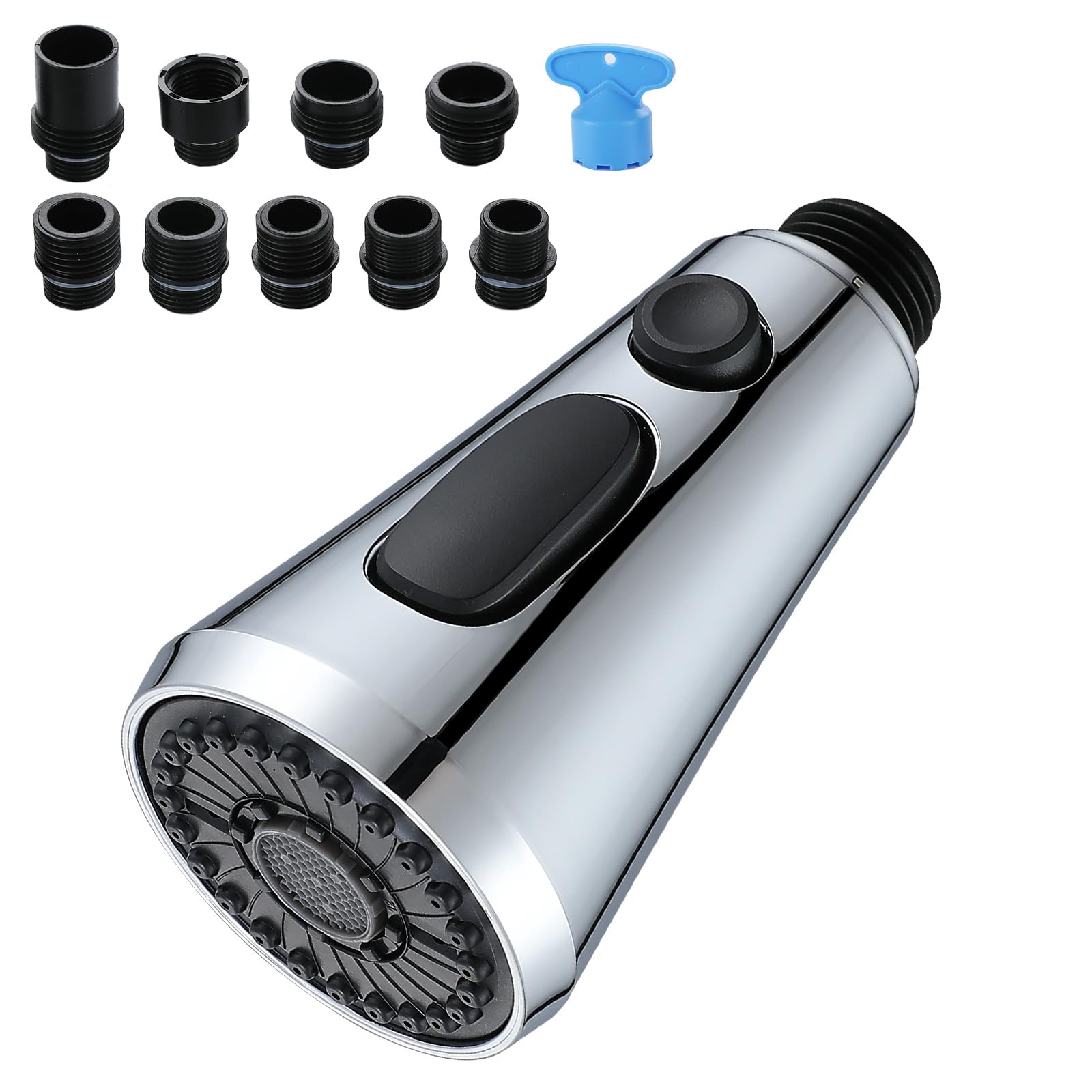 Cabezal de pulverización para grifo de cocina con 9 adaptadores, repuesto de pulverizador extraíble, 3 modos de pulverización (cromo)