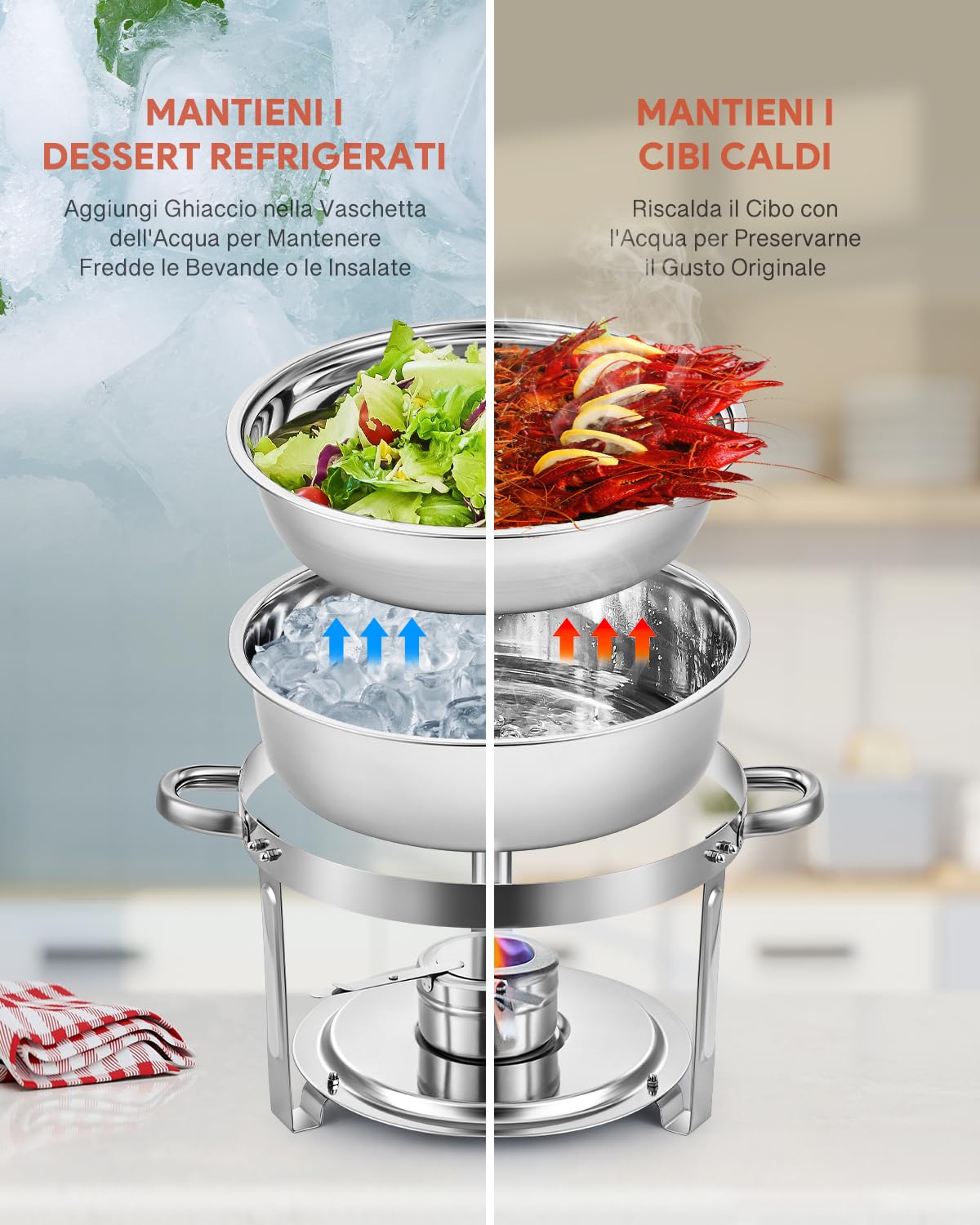 Wilprep 5L Chafing Dish Buffet Rotondo Scaldavivande Rotondo in Acciaio Inox Contenitore Vassoio di Riscaldamento con Coperchi Pentole per Servire per Catering Ristoranti Feste Matrimoni (4 Pezzi)