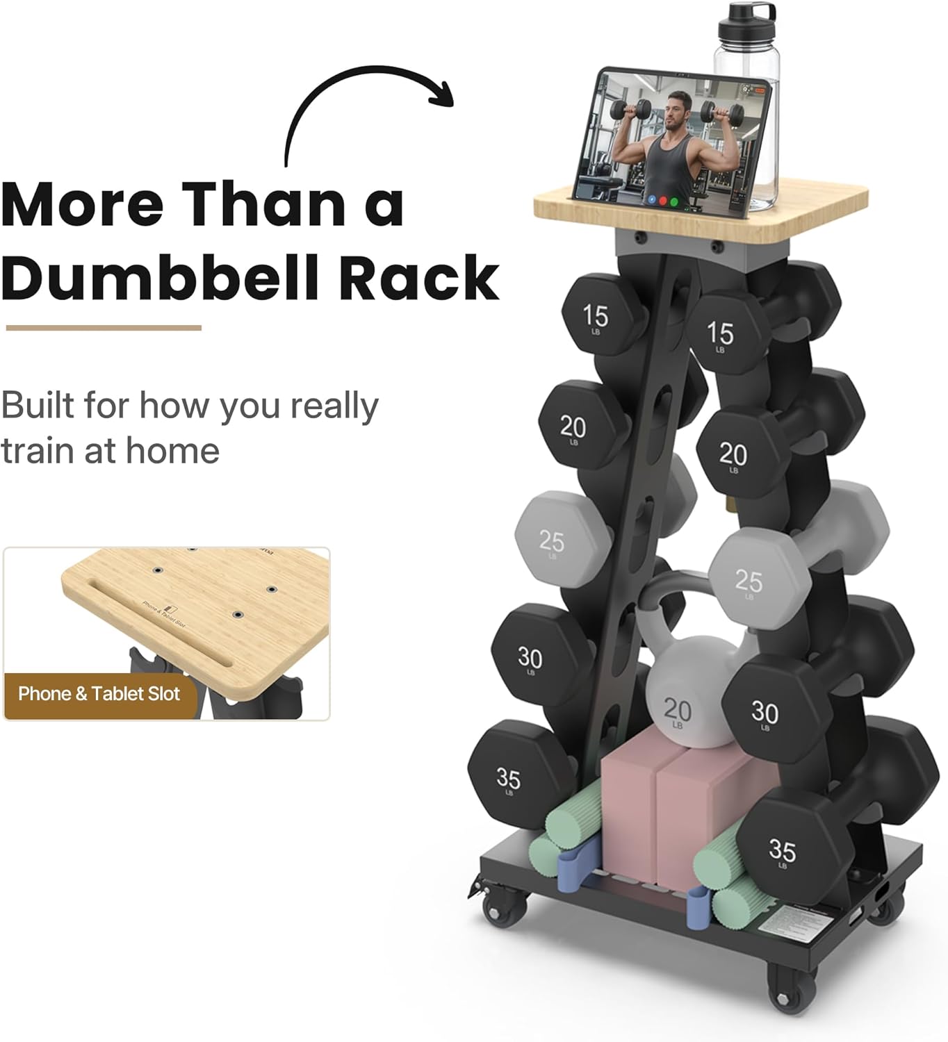 Vertical Dumbbell Rack Stand with Wheels, 5-Tier A-Frame Mobile Weight Storage for Dumbbells, 300LBS Capacity Professional Solid Steel with Training Assist Platform & Bottom Tray, Perfect for Home Gym Fitness Organization (Rack Only)
