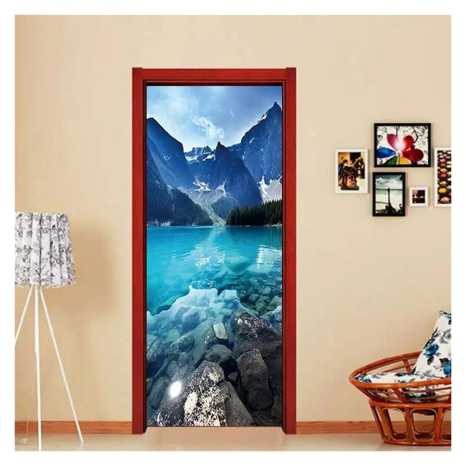 Sticker de porte 3D lac et montagne bleu ciel trompe l'œil 77x200cm