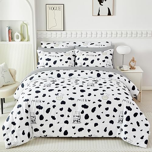 SUCSES Juego de edredón tamaño completo con sábanas, juego de ropa de cama de 8 piezas con estampado de vaca para niños y niñas, negro y blanco,