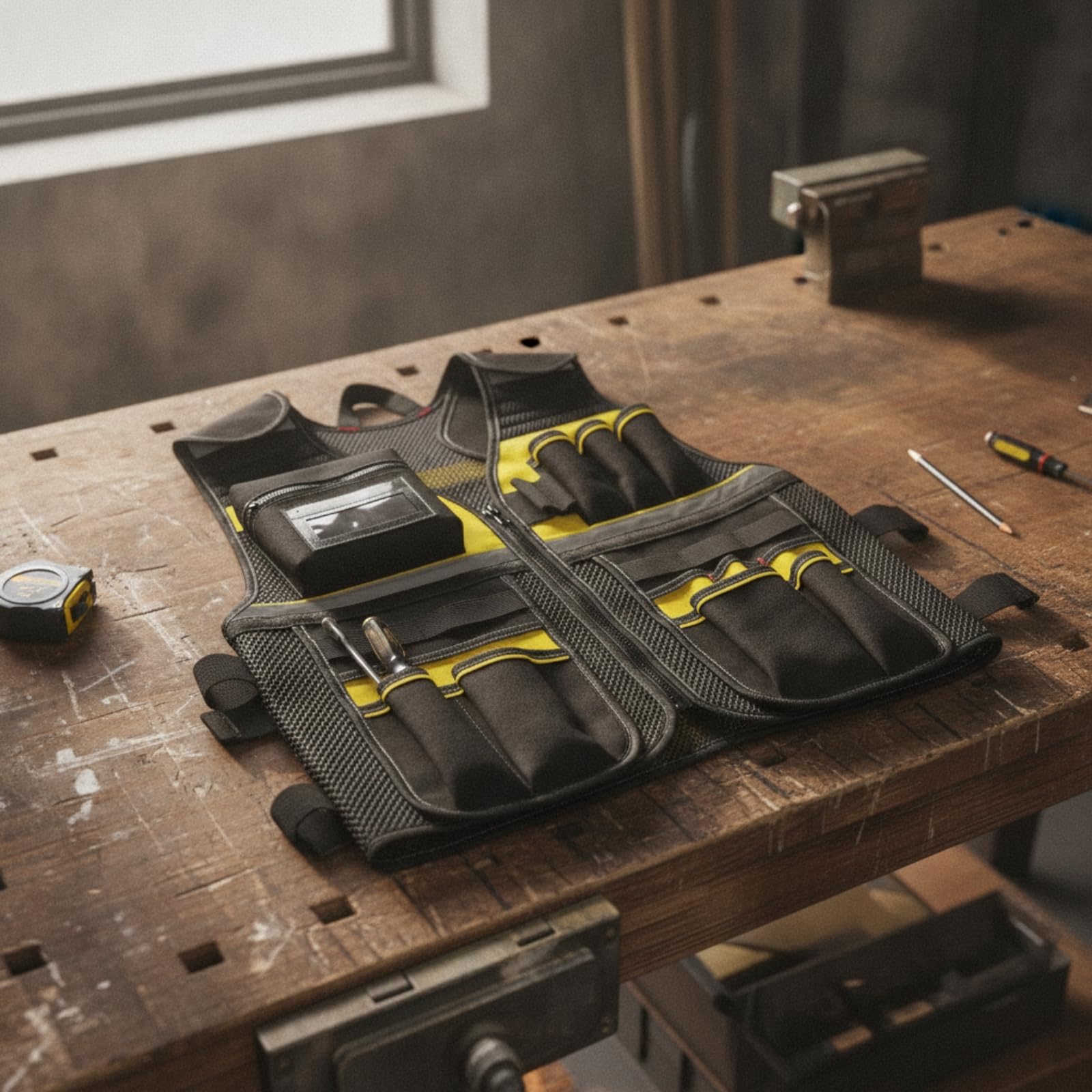 Chaleco Trabajo con Bolsillos Cómodo | Acolchado, Chaleco para Herramientas Tela Oxford, Ajustable, construcción, Almacenes, Electricistas, Carpinteros, Negro