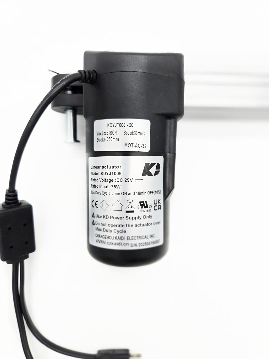 Close-up of KaiDi KDYJT006-20 Actuator Motor label