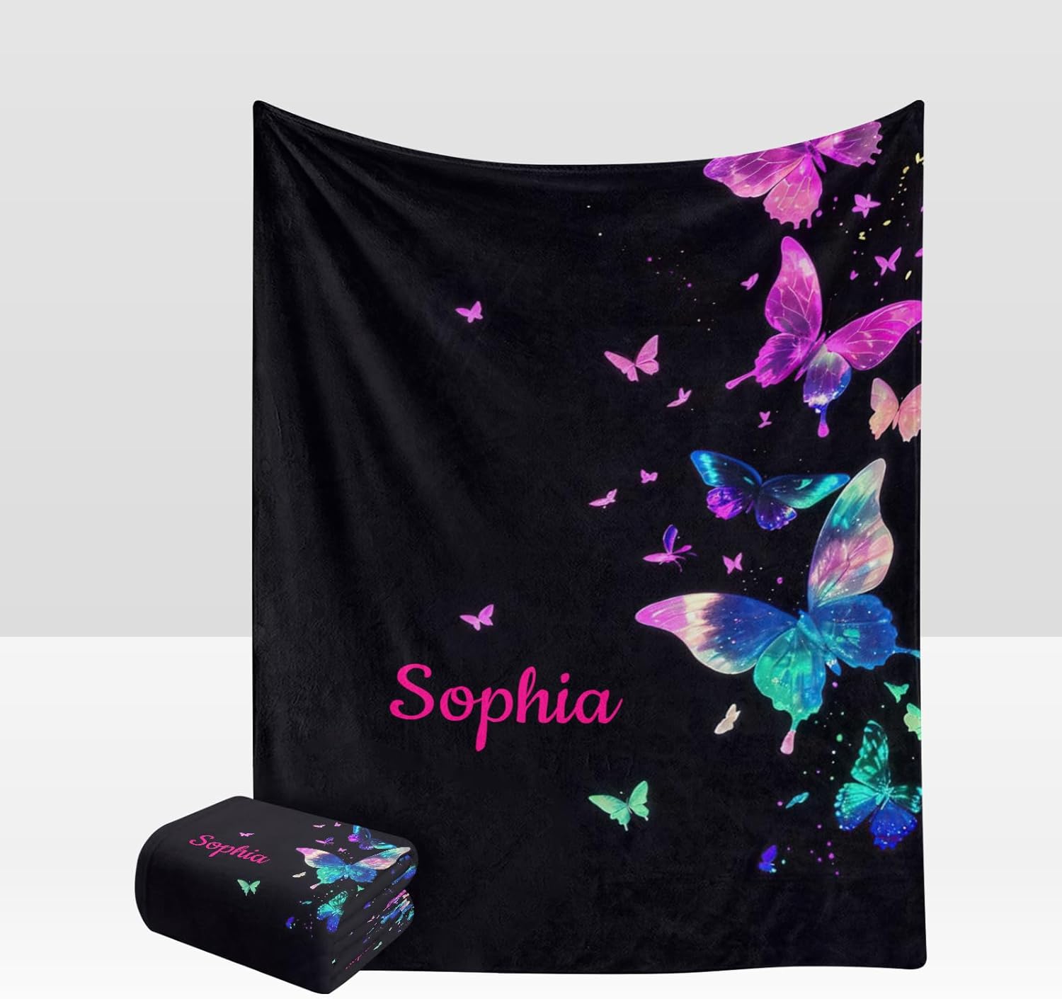 Pink Butterflies Personalized Name Soft Fleece Bed Blankets Throws as Birthday Wedding Gifts for Sofa Couch 50'' x 60''