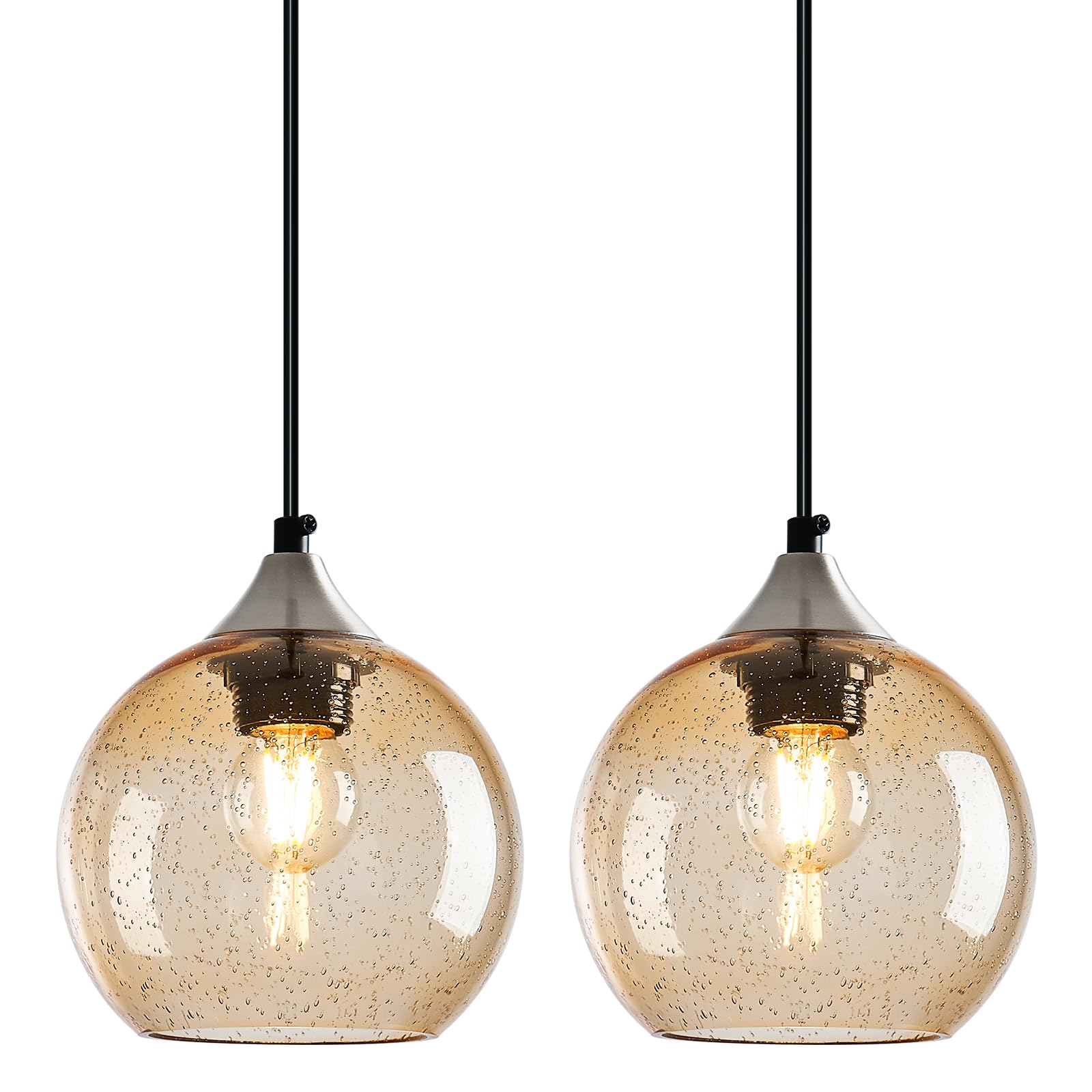 LBSQJ Light Brown Glass Pendant Lights Kitchen Island Globe Pendant Light Fixtures Modern Pendant Lighting for Bedroom Living Dining Room Light Fixture (5.9 in, 2 Pack)