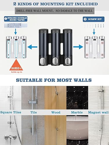 Miniatura 2 de RANKADO - Dispensador de jabón de ducha de lujo, 3 cámaras, sin taladro, dispensador de champú y acondicionador para baño, montado en la pared con