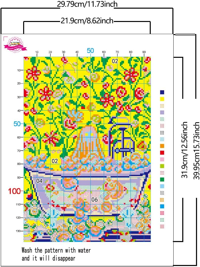 Zhenqing Halloween Bathtub Ghost Cross Stitch Kit - 11CT Pre-Printed 30x40cm Fabric, Threads & Needle Included (No Hoop/Scissors)(70015)