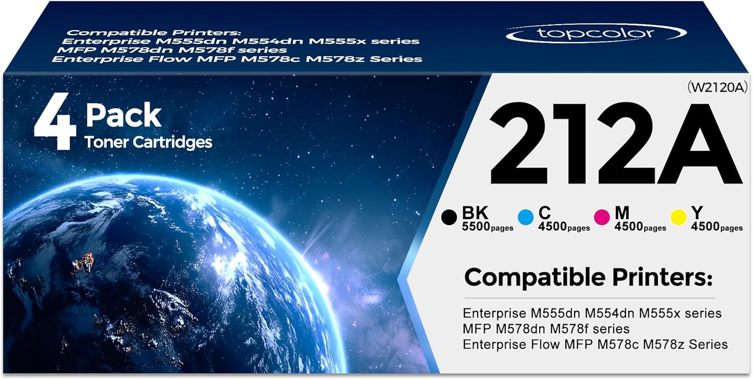 212A High Yield Toner Cartridge Replacement for HP 212A W2120A Toner Cartridge for Color Color Laser Jet Enterprise M554dn M555dn M555x Flow MFP M578c M578z Printer (4-Pack, Black/Cyan/Yellow/Magenta)