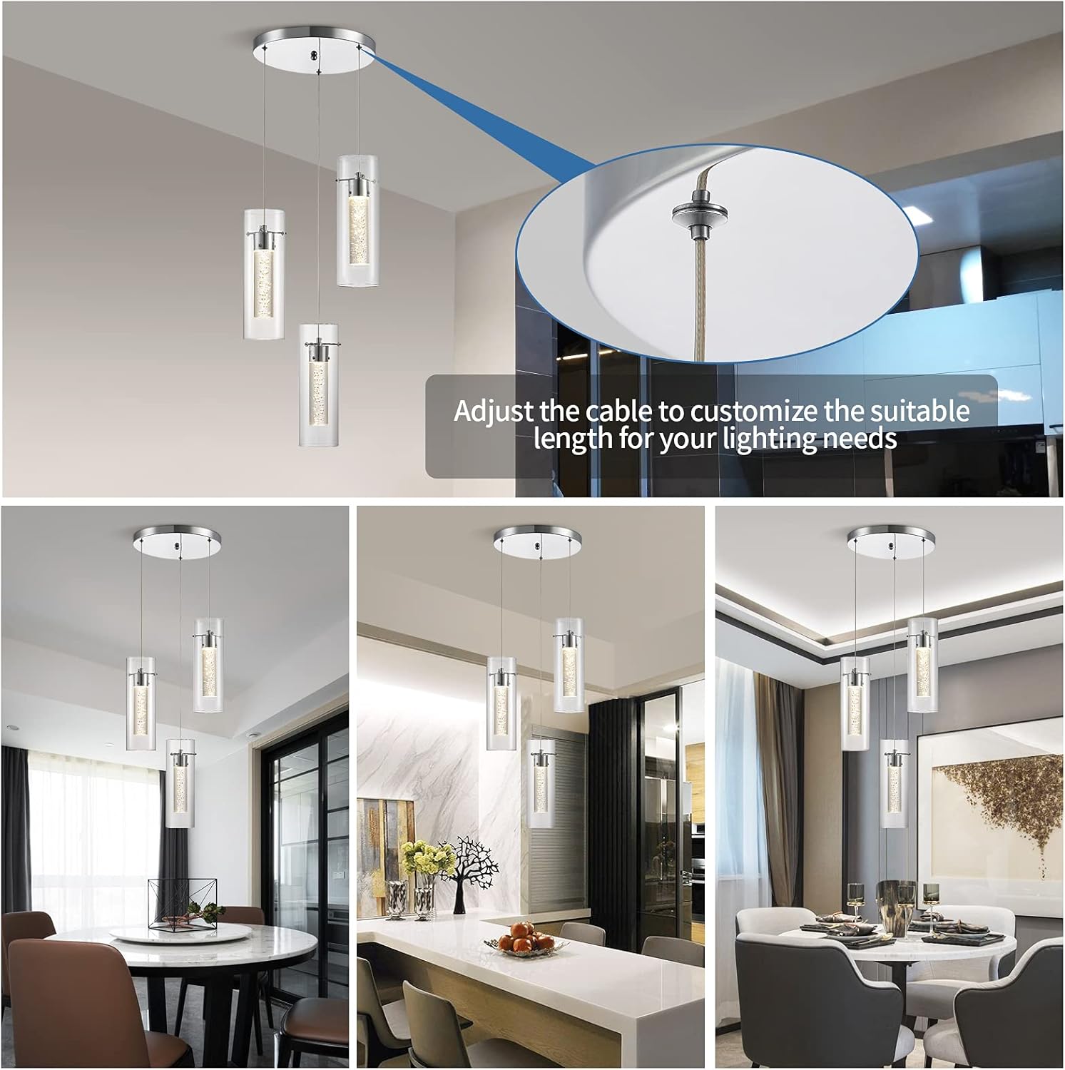 ZHLWIN Pendant Ceiling Light Fixture for Kitchen Island, Integrated LED Hanging Light with Crystal Bubble Glass 18W, Modern Chandelier, Restaurant, Dining Room(3 Light) - - 