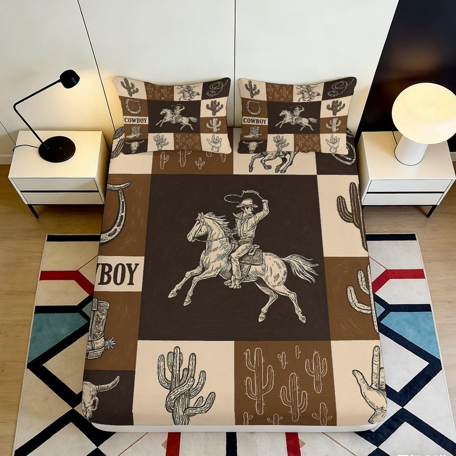 3D Printed Cowboy Western Horse Fitted Sheet Microfiber Soft Breathable Cactus Bed Cover for Bedroom Dorm Decor 90x200x25cm