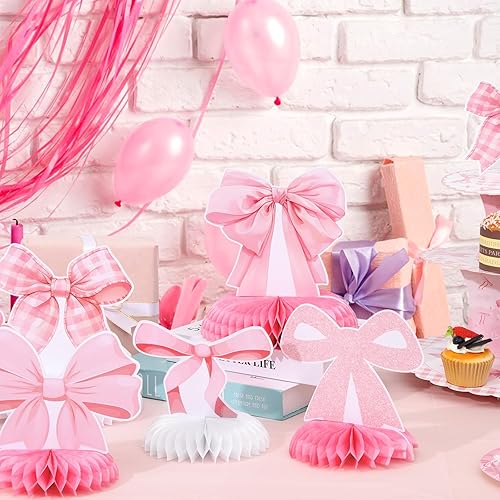 Miniatura 6 de 12 centros de mesa de nido de abeja con lazo rosa, decoración de cumpleaños con temática de coqueta, decoraciones de fiesta de lazo para cumpleaños,