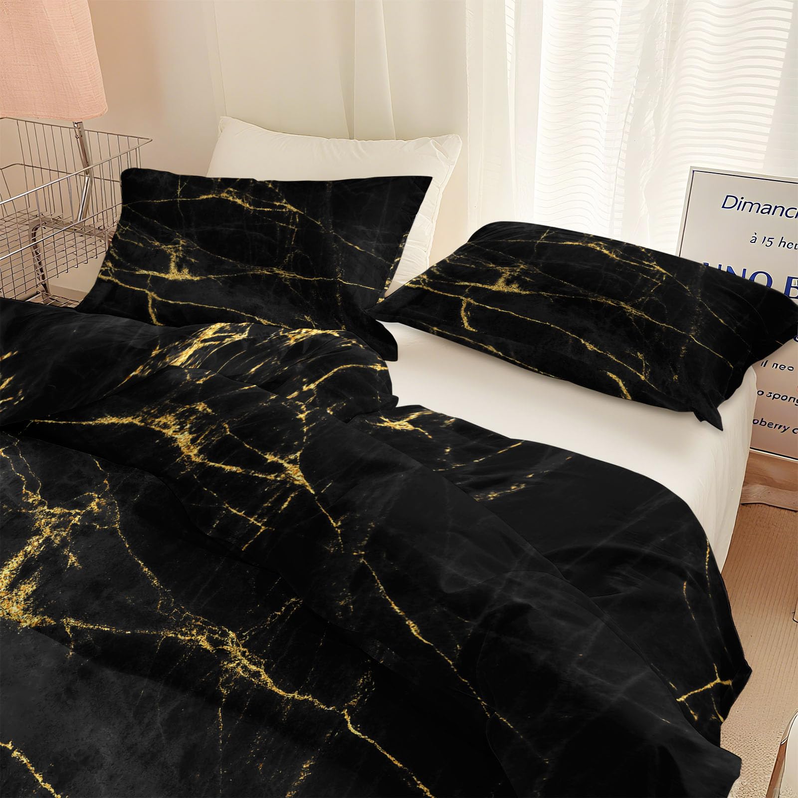 Bettwäsche 180x200 cm Marmor Schwarz Gold 3 Teilig Bettwäsche Bettbezug Set Mikrofaser Bettbezüge für Erwachsene Kinder, Deckenbezug mit 2 Kissenbezug 80x80 cm