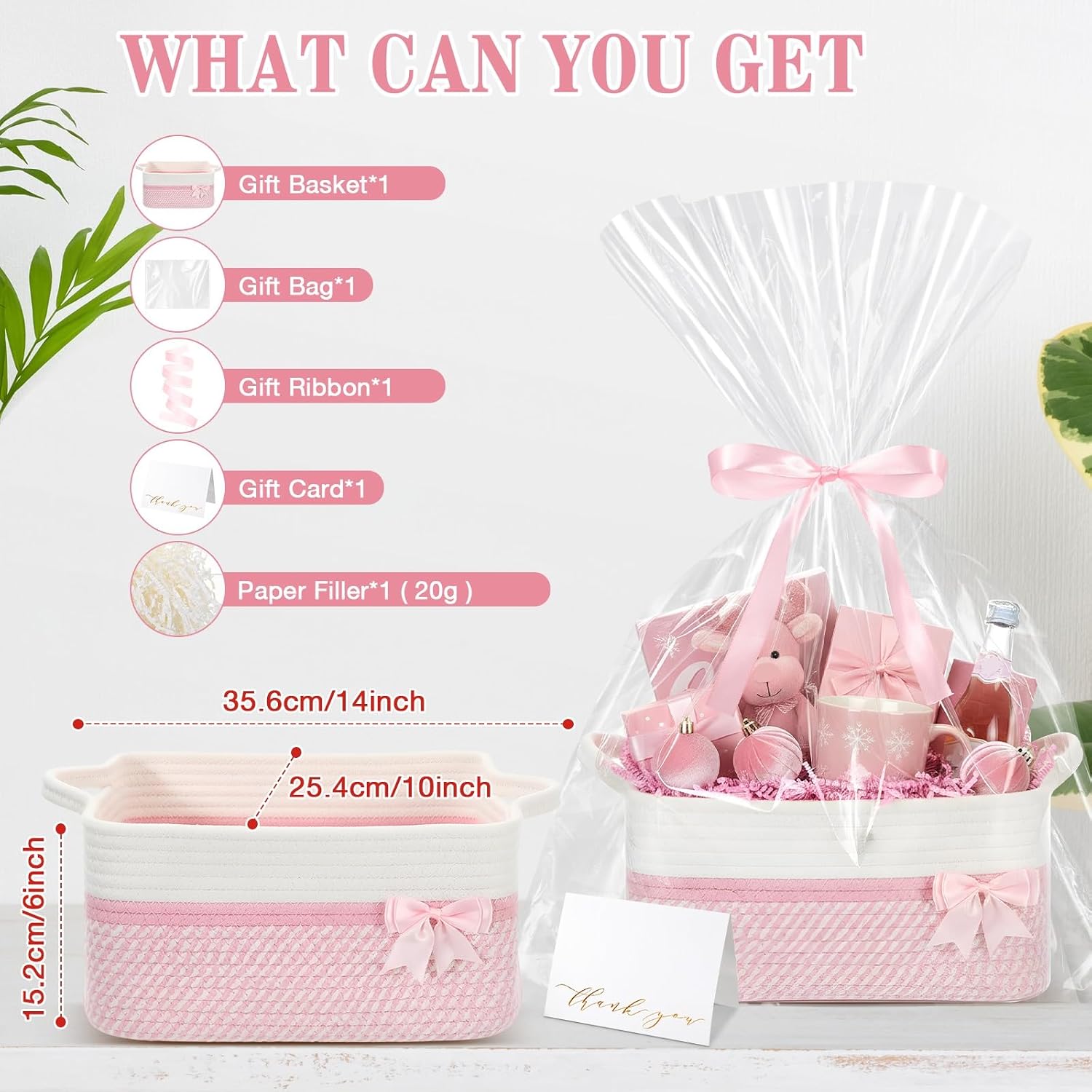 Colingmill Woven Empty Gift Basket with Paper Filler, Bag, Ribbon, Card, 14"x10"x6", Empty Woven Basket, Gift Box for Women Men Birthday New Born Wedding(Pink)