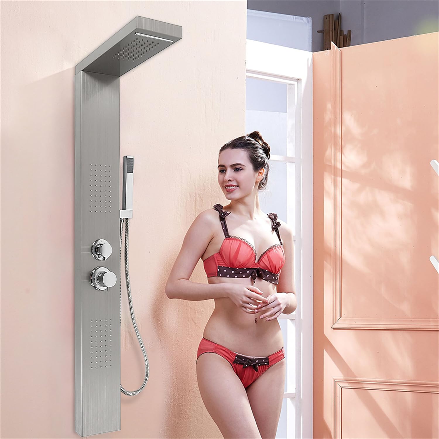 MUL-BOUTICA Columna de Ducha Hidromasaje Termostática Ajustable Con Temperatura y Flujo de Agua, Sistema Con Cascada (Plata-1,S2)