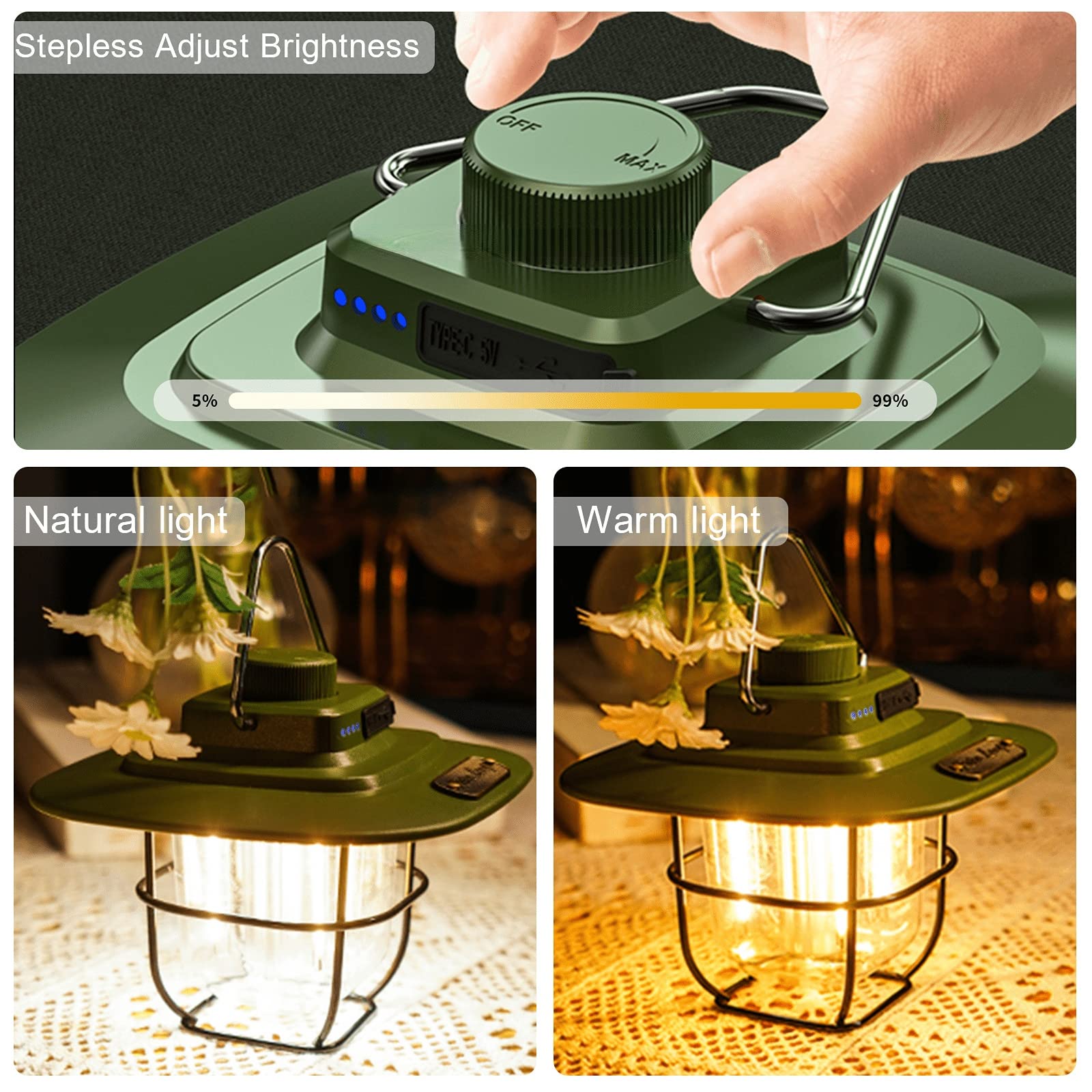 Lampa kempingowa LED, ładowana, możliwość ściemniania, vintage, wodoszczelna, na kemping, wędrówki, w sytuacjach awaryjnych, podczas awarii zasilania