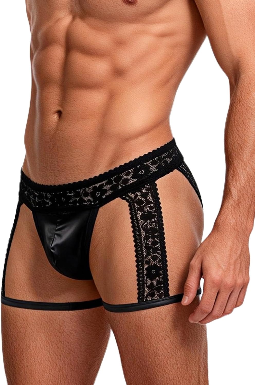 ohyeah Men's Sexy Thong with Lace & Faux Leather Leg Straps - U-Pouch Thong Underwear for Men Fits S-XL