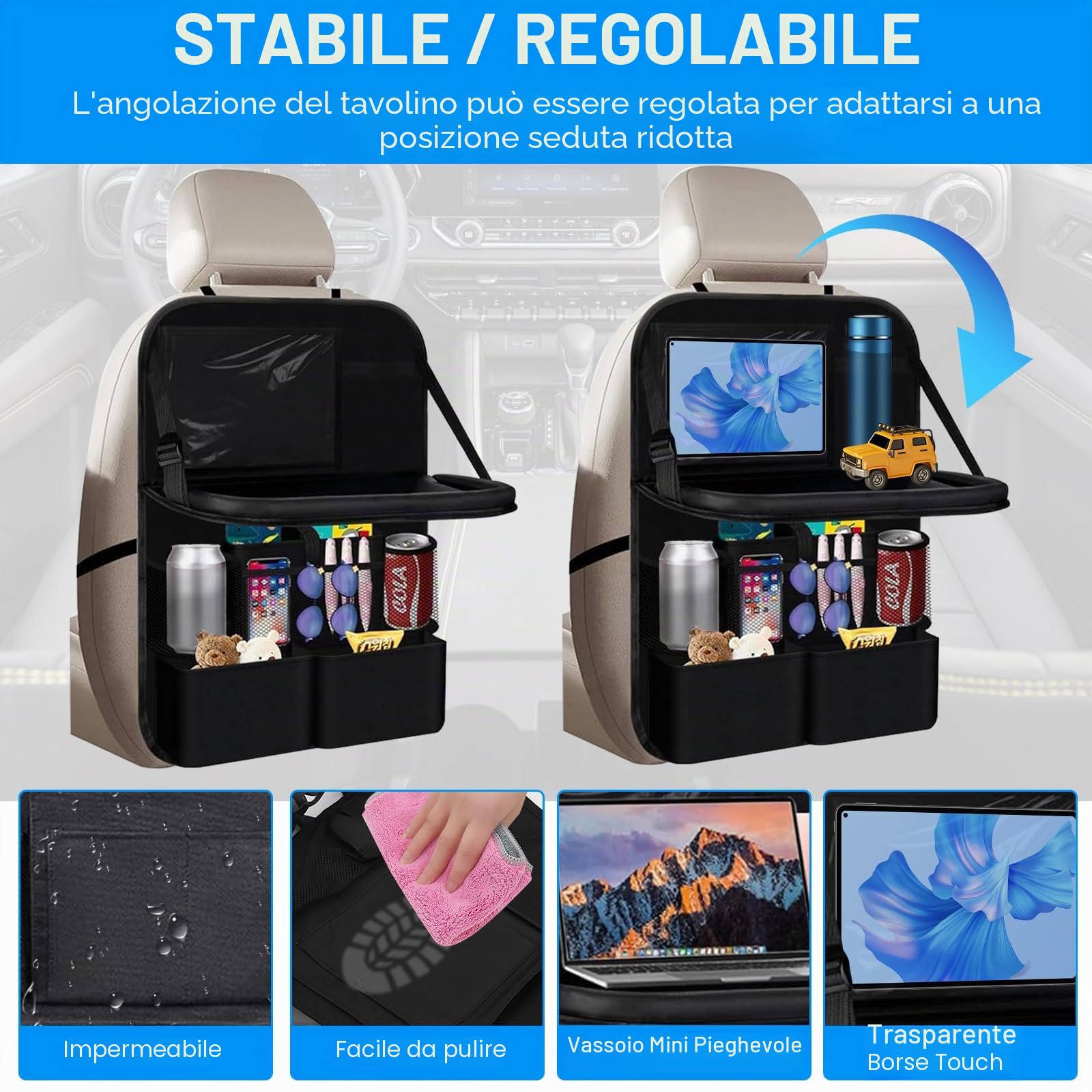 2 Pezzi Organizer Auto per Protezione Sedile Autos Bambini e Copri Sedile Auto Bambini, Con Tavolo Pieghevole, Multifunzione Impermeabile e Numerose Tasche, Protezione per il Sediles Posteriore