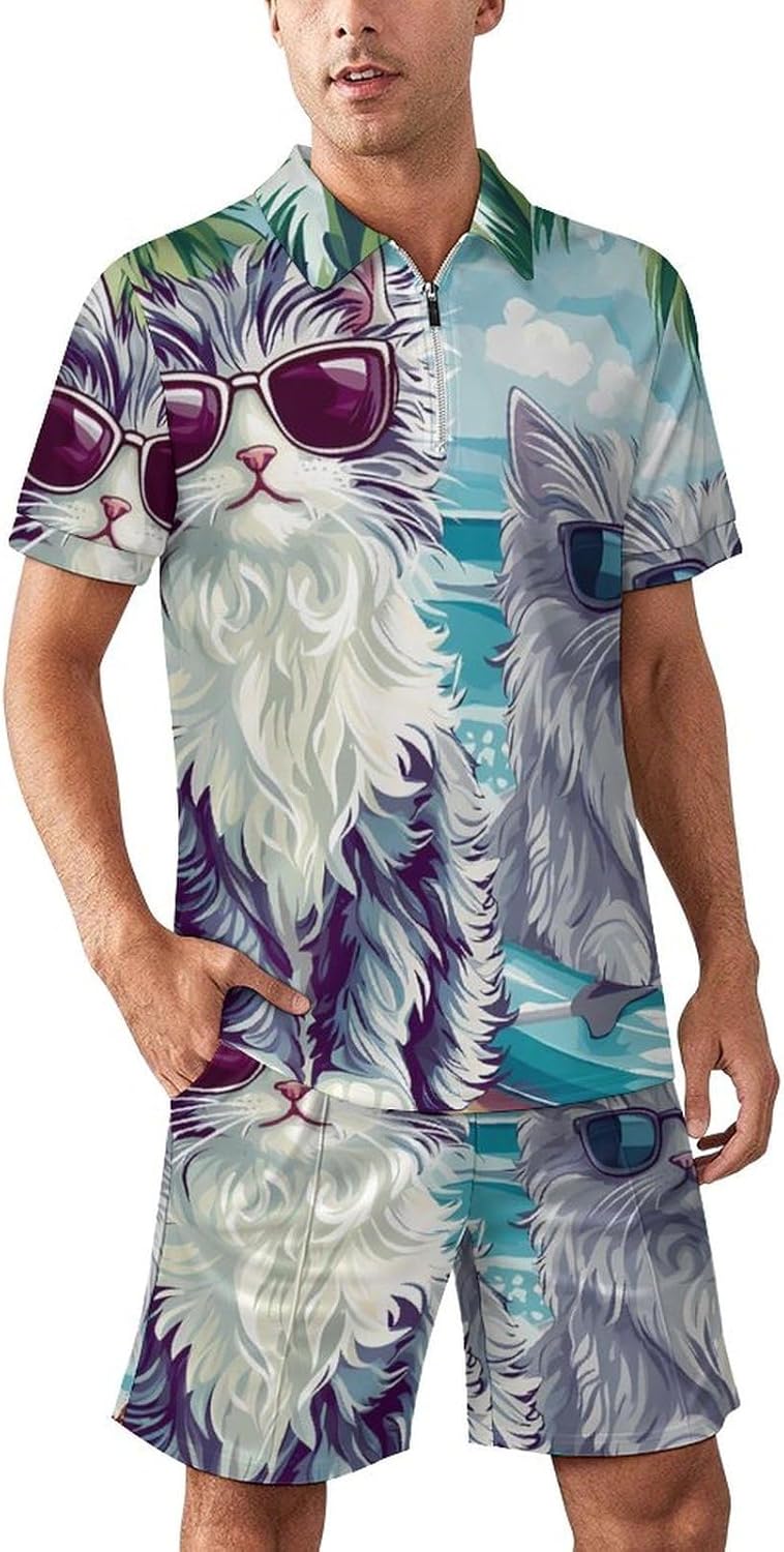 Cute Cat Surf Beach Mens Polo Shirts Track Suits 2 Piece Short Sleeve Sweatsuit 1/4 Zip Golf Loungewear for Sports