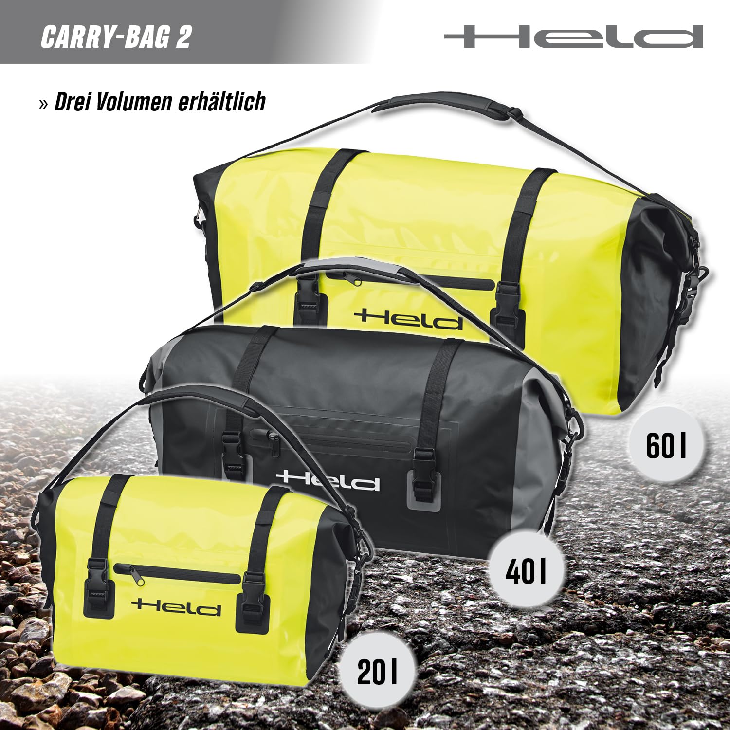 Held Carry-Bag 2 - Motorrad Zubehör Tasche - 100% wasserdichte und staubdichte Motorrad Hecktasche - Seesack Material aus Tarpaulin - eine Außentasche - Volumen 20/40/60 Ltr, Farbe: Schwarz/Neongelb