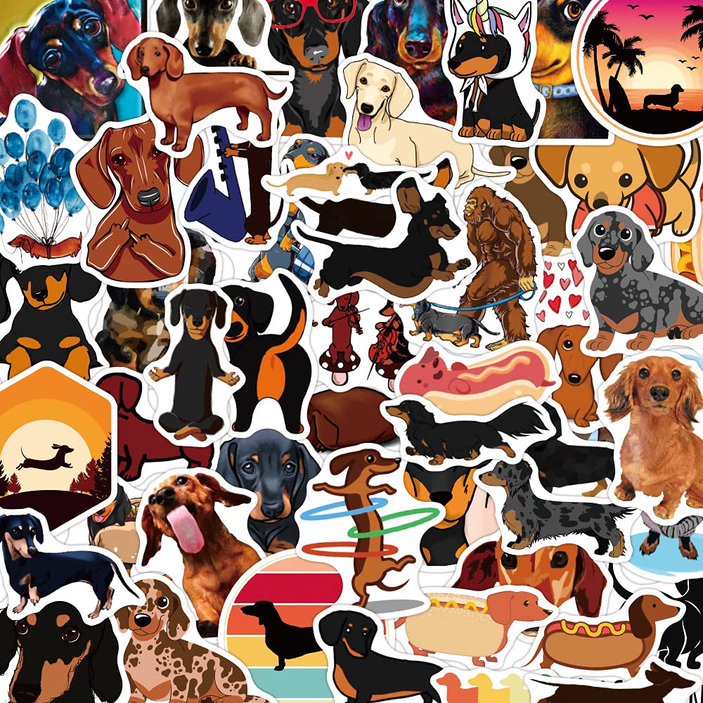50Pcs Dachshund Stickers Laptop Car Scrapbook Phone Skateboard Computer Dachshund Dog Stickers Vinyl Waterproof Aesthetic Personalised Stickers for Teens Boys Girls Adults Children
