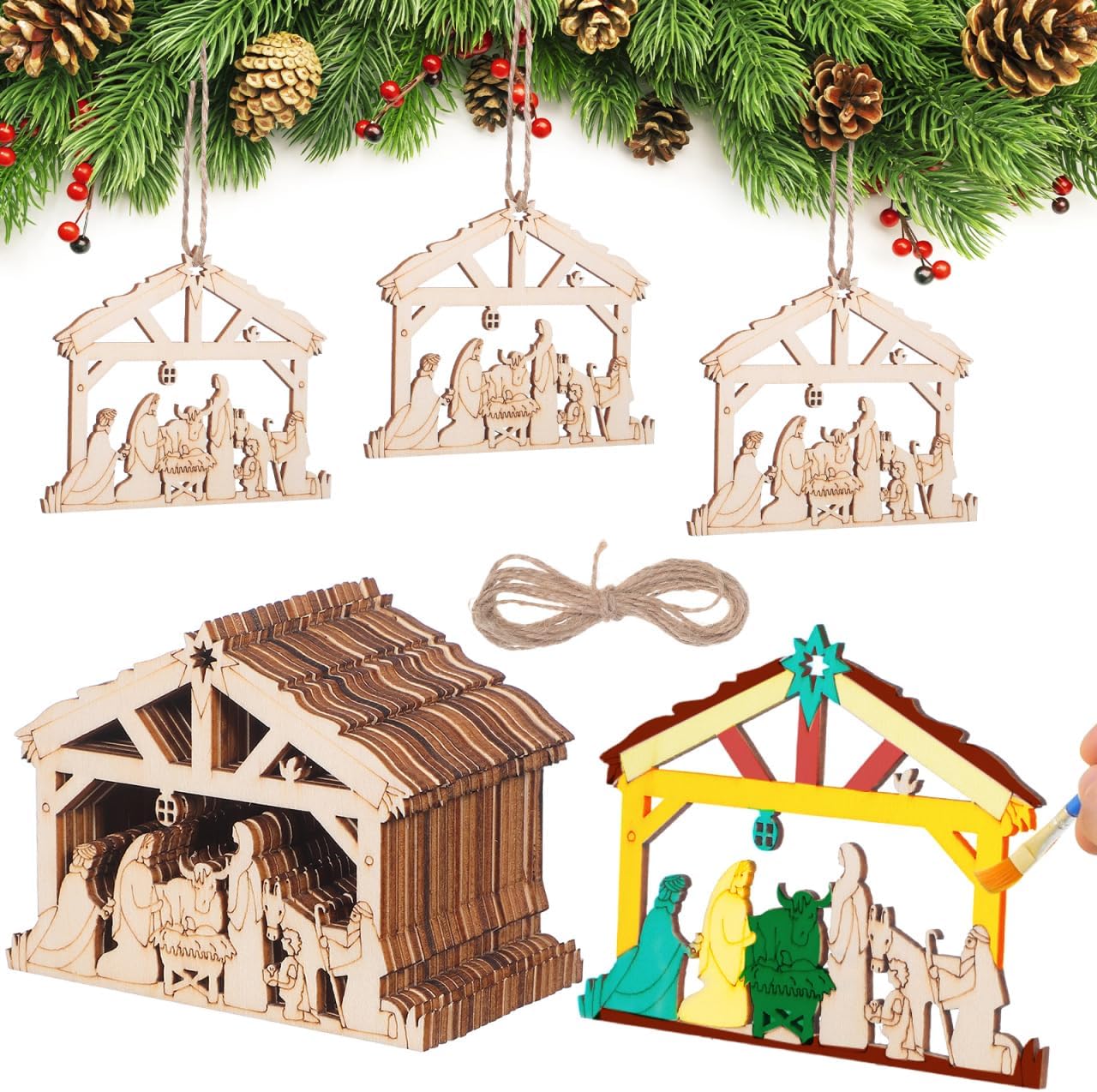 Sewroro 20pcs Nativity Wood Chips, Unfinished Blank Celebrate The Birth of Jesus Shape Cutout for Diy Crafts Christmas Party Decor
