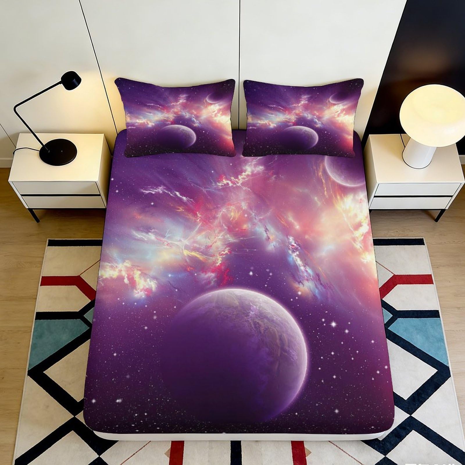Uxinyoume Style-2 3D Printed Galaxy Starry Sky Fitted Sheet Microfiber Purple Cosmic Nebula Mattress Cover Bedroom Decor 90X200x25cm
