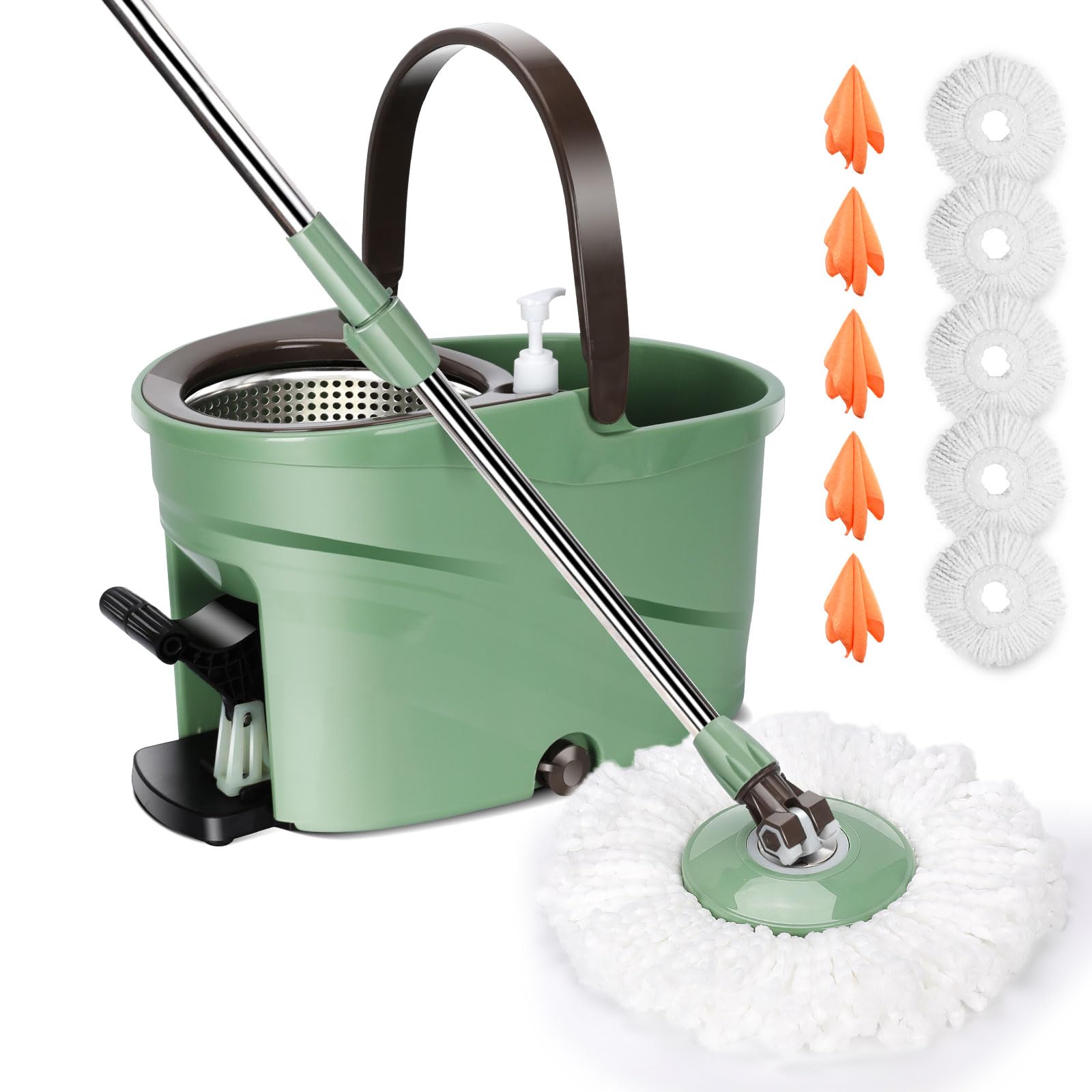 Myiosus Balai Serpillère Essoreur avec Seau, Balai Serpillere Rotatif 360°, Poignée en Acier INOX pour Nettoyage Sol - 5 Tête Réutilisable en Microfibre (Vert)