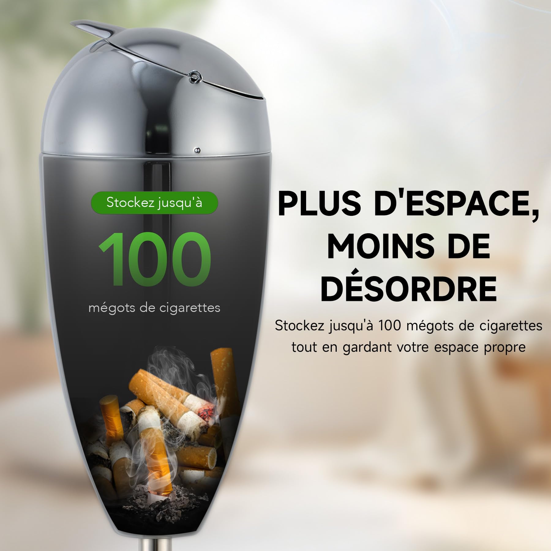 CO-Z Cendrier sur Pied Intérieur et Extérieur Hauteur Réglable 50/70/90 cm avec Couvercle en Acier pour Cigarettes pour Cigares pour Patio Décoration de la Maison et du Bureau, Argenté