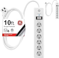 Vista 1 de GE Protector contra Sobretensiones Regleta de Enchufes, Cable de Extensión de 10 Pies, Extensor de 6 Tomas, 800 Julios, Enchufe Plano, Cubiertas