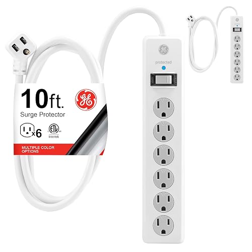 GE Surge Protector Power Strip, 2 Pack, 10 Ft Long Extension Cord | 6 Outlet Extender, 800 Joules, Flat Plug, Wall Mount, Twist-to-Close Safety Covers, ETL Safety Listed, White, 46862