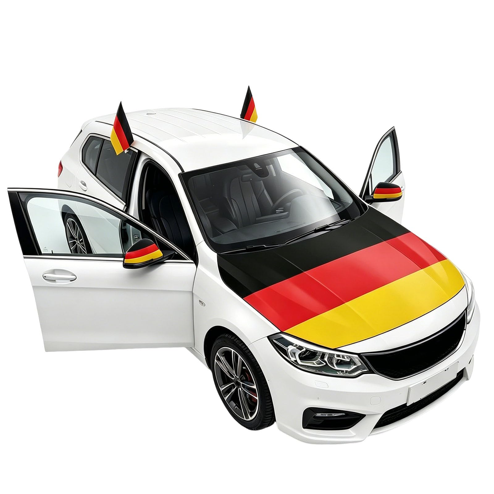 Auto Fahnen Deutschland Komplett Set 5 Teilig Motorhaubenfahne 2 Autofahnen Fenster & 2 Außenspiegelfahnen Deutsche Flagge Fahrzeug Deko Fußball Fanartikel FZG für EM & WM (5PCS)
