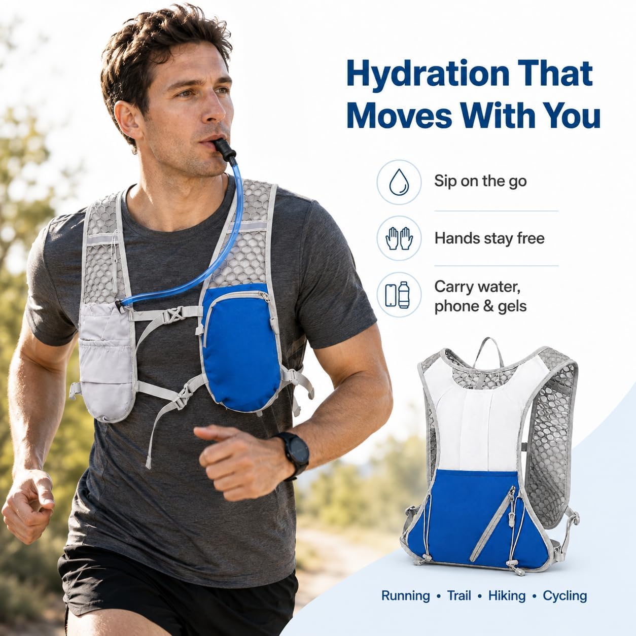 Hydration Running Vest with 2L Center-Tethered Bladder | Center-tethered 2L reservoir helps limit bulging; wide slide-top opening makes filling and rinsing easier.