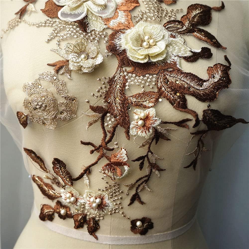 茶色の3D花ビーズラインストーンアップリケ刺繍入り刺繍入りガウン装飾メッシュの生地はドレスDIYのパッチで縫います