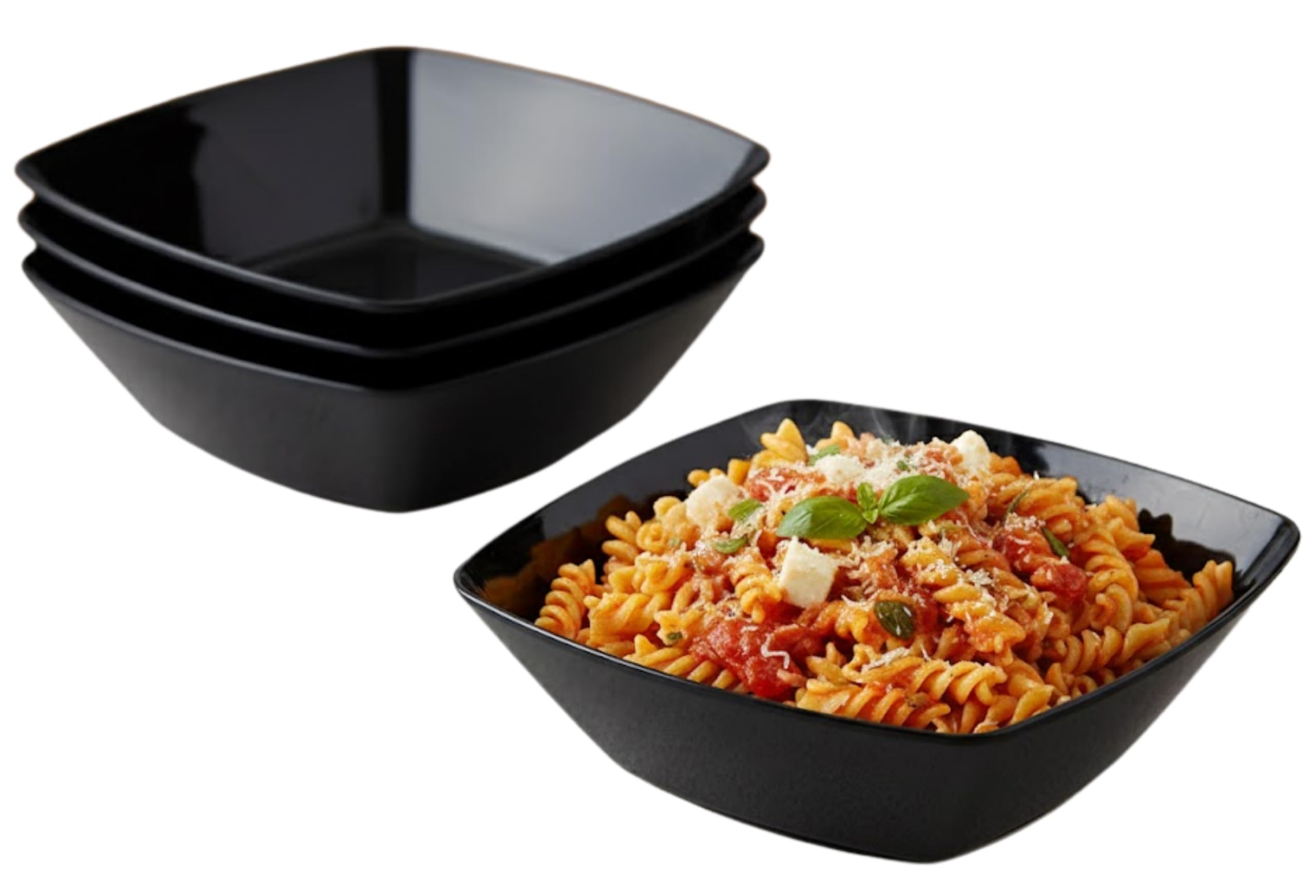 Buzztrove 4 Pack Plastic Bowls 19x19cm Black – Reusable Square Serving Bowls – Durable Plastic Pasta, Fruit & Salad Bowls – Lightweight Black Party Bowls.