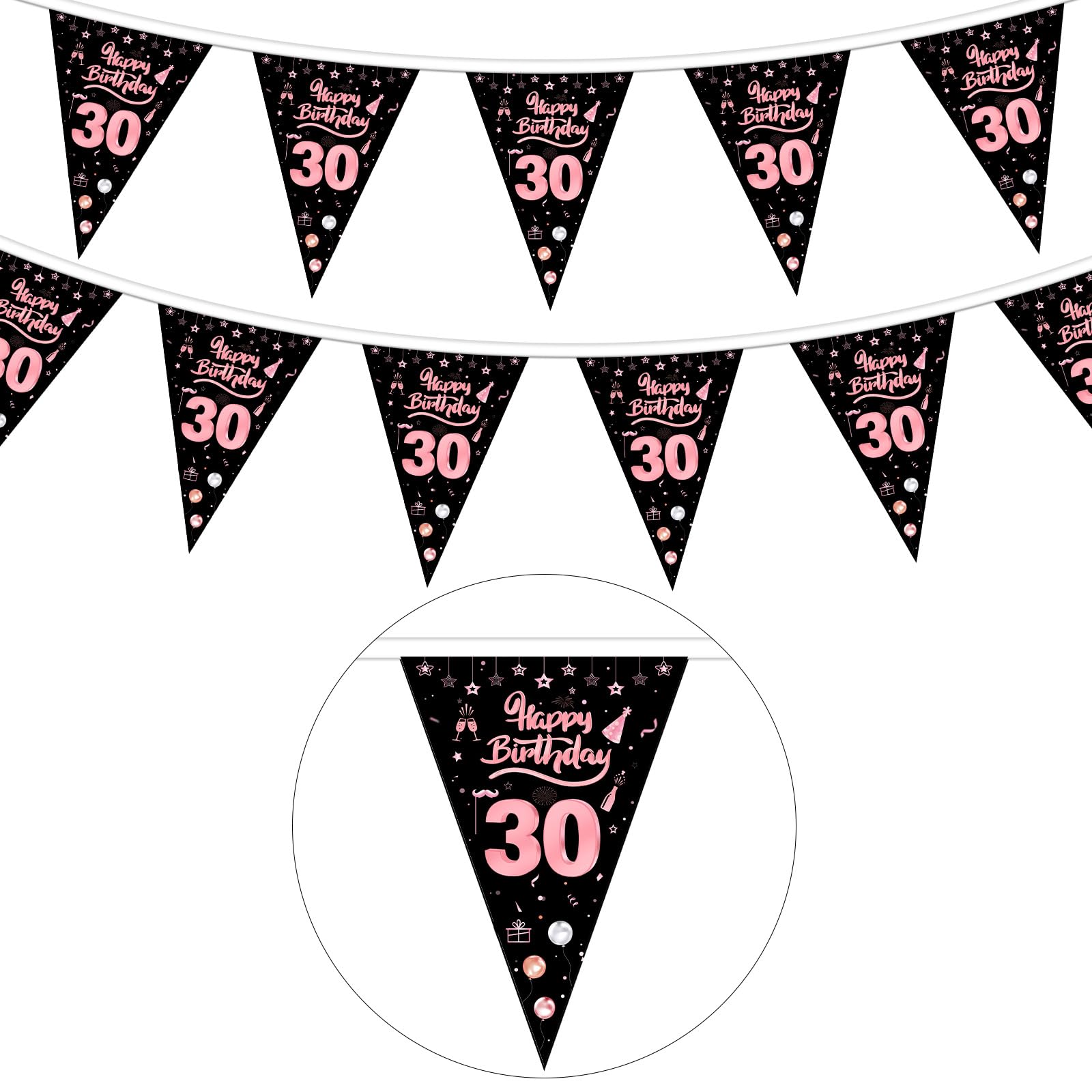 Wimpelkette Zum 30. Geburtstag (2,4 M) | Bereits Montiert, Schwarze Glitzer-Buchstaben