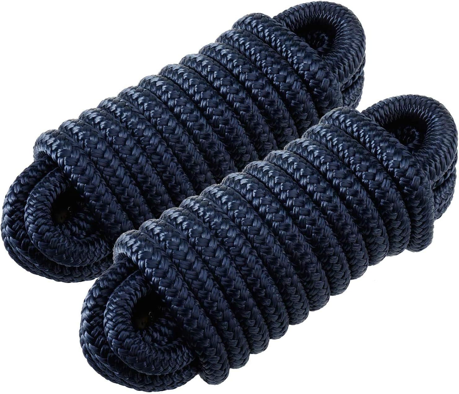 Amarine Made 2 Pack of Double Braided Nylon Dock Lines 4800 lbs Breaking Strength (L:50 ft. D:1/2 inch Eyelet: 12 inch) Marine Mooring Rope Boat Dock Lines Working Load Limit:960 lbs (Blue)