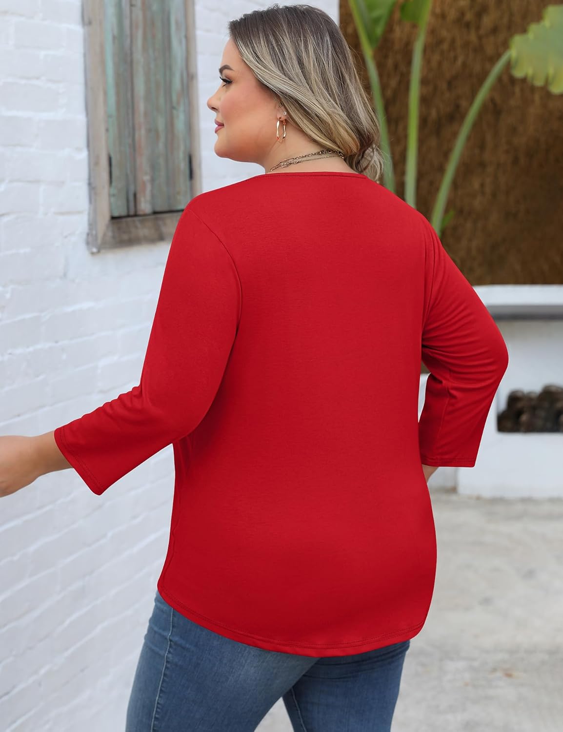 Romanstii Womens Plus Size Tops Casual 3/4 Sleeve V Neck T Shirt Loose Fit Tunic Blouse 1X-5X - Image 3