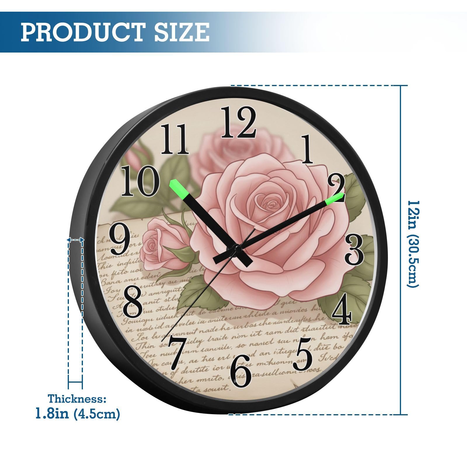 Mnsruu Reloj de pared luminoso vintage con diseño de rosas rosas que brillan en la oscuridad, funciona con pilas, silencioso, sin tictac, luz nocturna para dormitorio