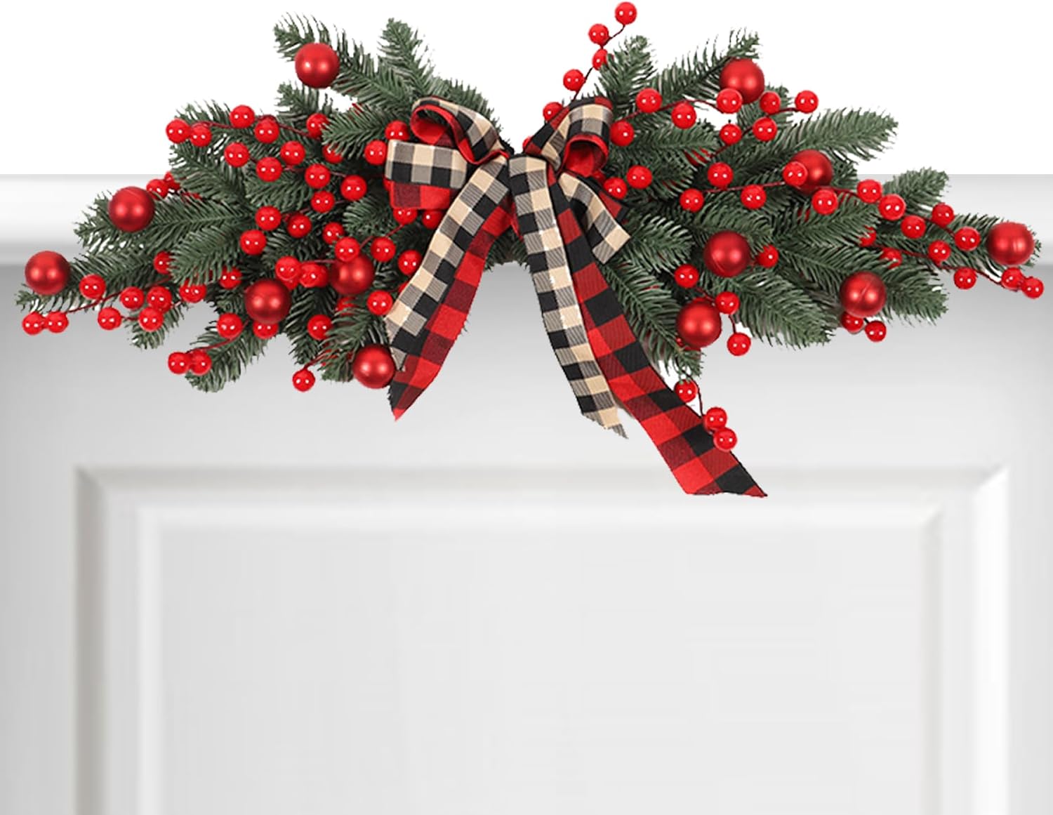 Christmas Swag with Light Artificial Bowknot Red Berry Hanging Decorative Swags PE Teardrop Christmas Decorations for Door Window, No Battery, Home Decor