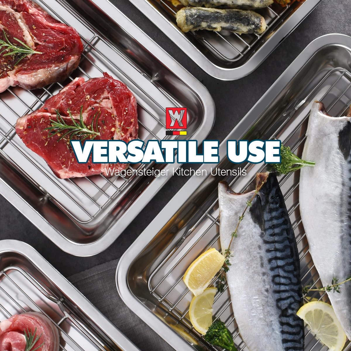WAGENSTEIGER Juego de recipientes de acero inoxidable para preparación de alimentos con estante y tapa transparente, sartenes de catering, sartenes de restaurante, sartenes de fiesta de bufé, sartenes