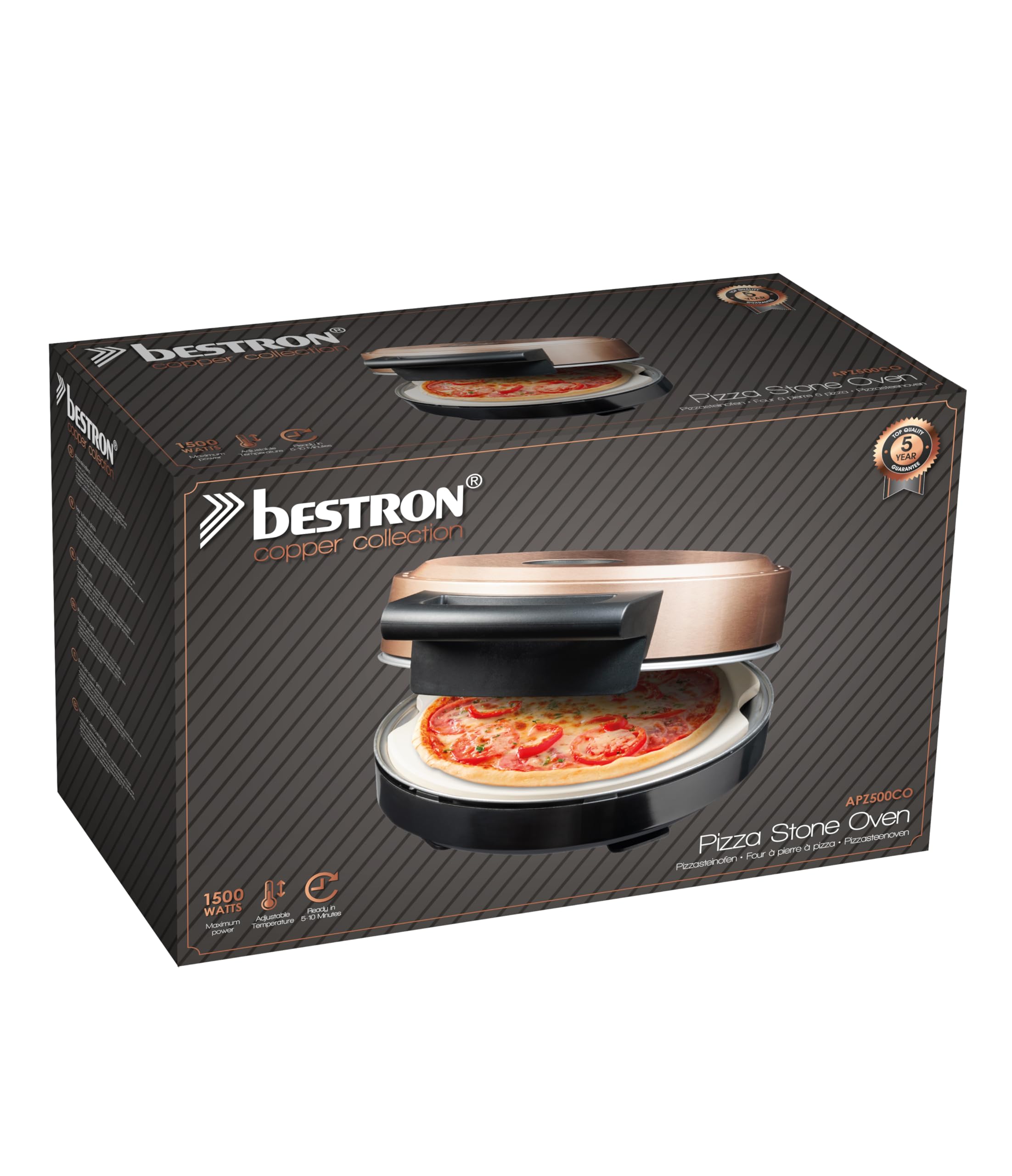 Bestron Horno de pizza, para pizzas crujientes en 5-10 minutos, horno de pizza eléctrico con una temperatura de 320 °C, incluyendo piedra refractaria y 2 grandes espátulas de madera, color: Cobre
