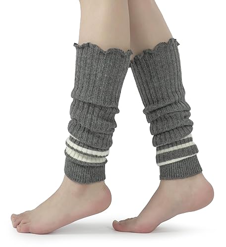 BomKinta Women Leg Warmers with Holes Retro Ruffle Leg Sleeves Soft Knee High Footless Socks - 1 Pair - Stripe Grey