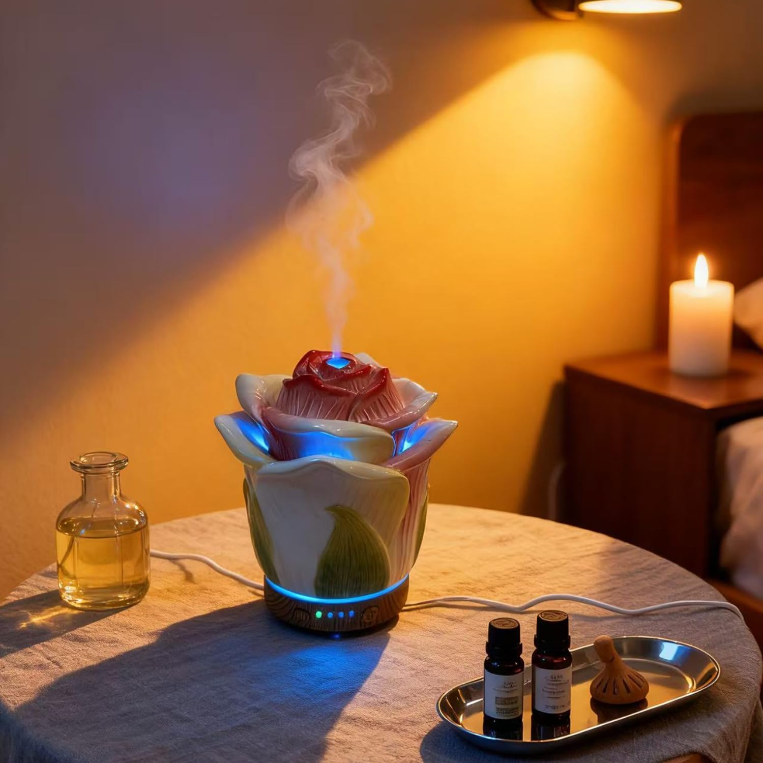 Diffusore di oli essenziali in ceramica dipinta a mano, 80 ml, timer con luci notturne e funzione di spegnimento automatico, umidificatore per casa e ufficio (champagne)