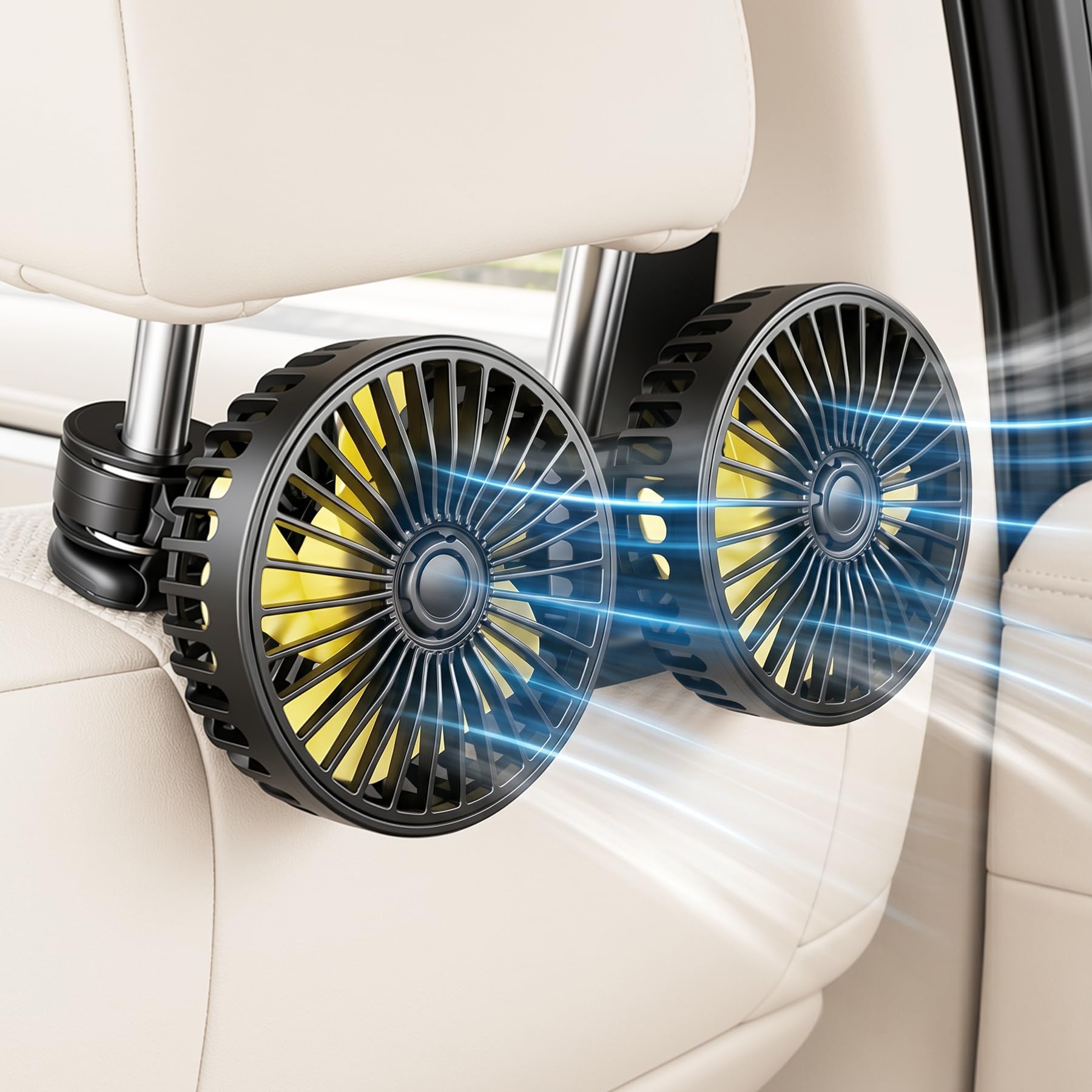 Photo 1 of SINGRAO Car Backseat Fan for Kids, Baby, Dogs, Dual Head USB Car seat Fan, 360° Rotatable Strong Wind, 3 Speeds Adjustable, Rear Headrest Fan for Car, SUV, RV, Truck