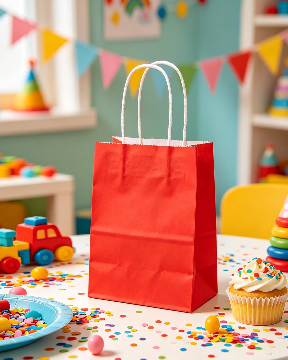 qiqee 100PCS Gift Bag with Handles Bulk Red Paper Bags Multiple Uses (8.3"x3"x6"inch Small Size)