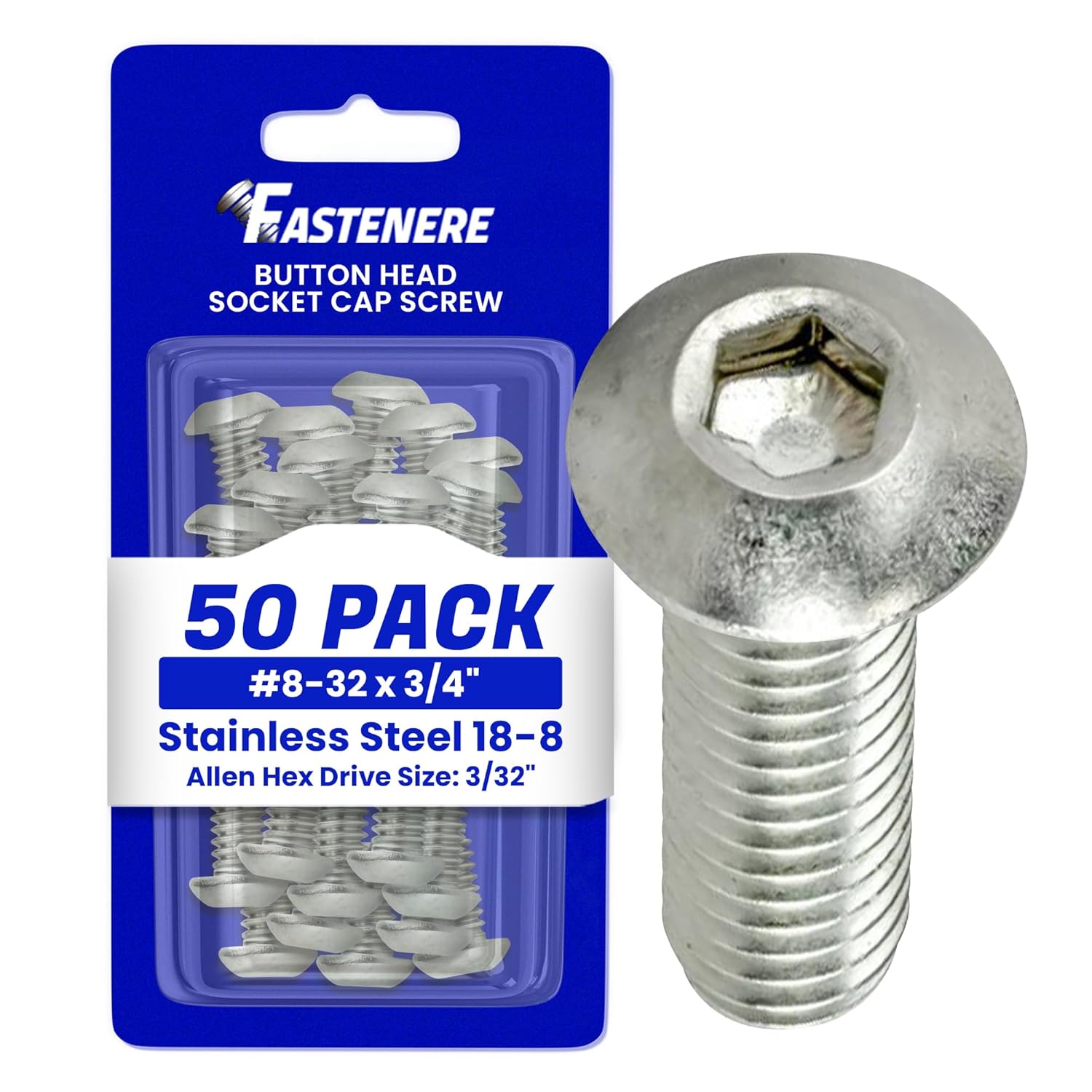 Fastenere Button Head Socket Cap Screws - 8-32 x 2-1/2" (50 Pack) Stainless Steel 18-8, Full Thread, Bright Plain Finish, Corrosion-Resistant, Machine Thread, Easy to Install w/Allen Socket Drive