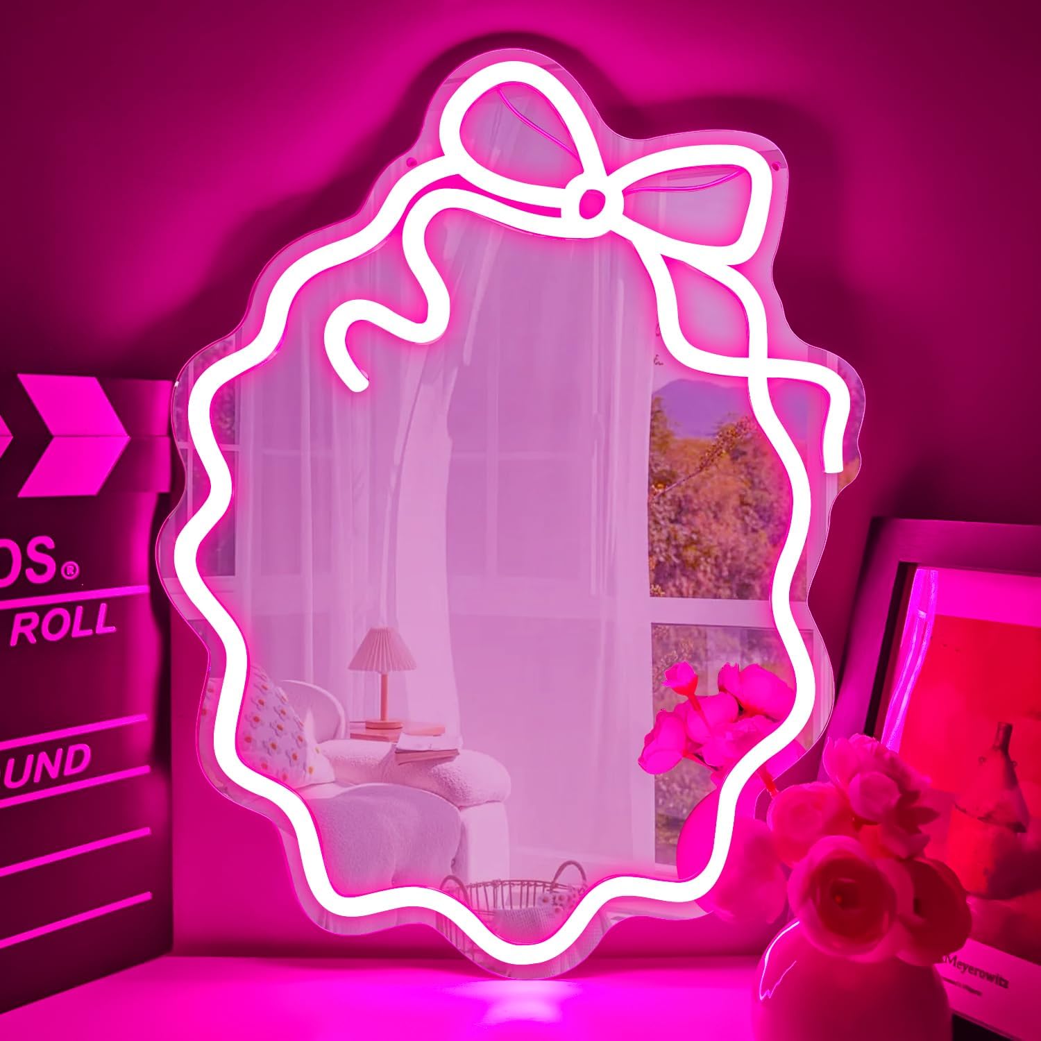 Bow Mirror Neon Signs for wall decor Pink Led Signs for coquette room decor Bow Wall Art Neon Light Dimmable Mirror Light Up Sign for Dresser Gifts