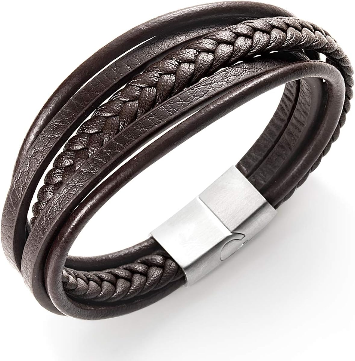 Touyony men's bracelet, classic leather woven bracelet, multiple weave, simple and subdued, magnetic clasp, brown/black: Clothing