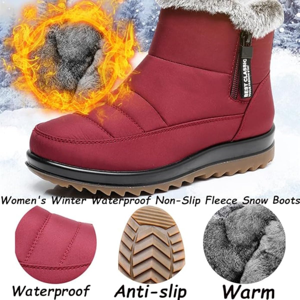 Women's Waterproof Orthopedic Warm Boots with Side Zipper,Fur Lined Warm Outdoor Ankle Short Boots,Comfortable Slip On Walking Snow Booties