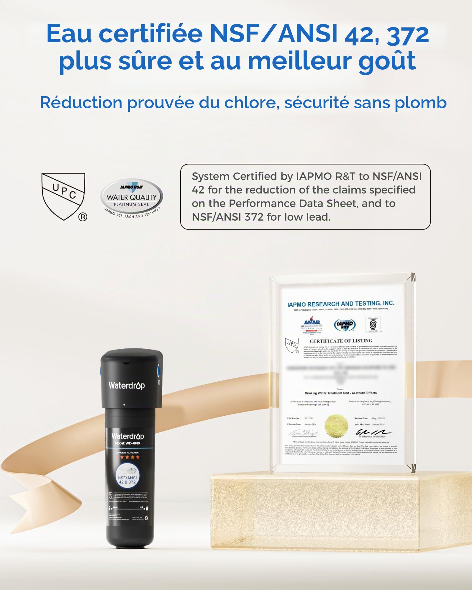 Waterdrop 10UB Système de Filtre à Eau Sous Évier avec Robinet Dédié, 11000 Gallons de Filtration d'Eau de Grande Capacité, Certifié NSF/ANSI 42, Réduit 99,99% le Plomb, le Chlore, le Mauvais Goût